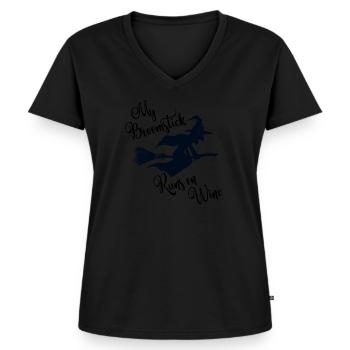 Mein Besenstiel läuft auf dem lustigen Weinprodukt - Frauen Premium Bio T-Shirt mit V-Ausschnitt - Schwarz - Vorne - AI Model Female 172 light (172cm)