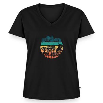 Retro Wald Bäume Berge Naturliebhaber - Outdoor - Frauen Premium Bio T-Shirt mit V-Ausschnitt - Schwarz - Vorne - AI Model Female 172 light (172cm)