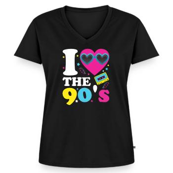 I love the 90's - Retro 90er Jahre Kostüm - Frauen Premium Bio T-Shirt mit V-Ausschnitt - Schwarz - Vorne - AI Model Female 172 light (172cm)