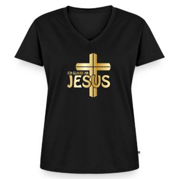 Jesus Christus Glaube Christen - Frauen Premium Bio T-Shirt mit V-Ausschnitt - Schwarz - Vorne - AI Model Female 172 light (172cm)