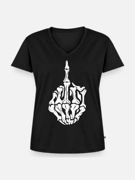Skelett Mittelfinger - Frauen Premium Bio T-Shirt mit V-Ausschnitt - Schwarz