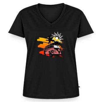 Surfen Sommer Sonne Bus Palmen - Frauen Premium Bio T-Shirt mit V-Ausschnitt - Schwarz - Vorne - AI Model Female 172 light (172cm)