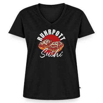 Ruhrpott Sushi Mettbrötchen für Fleischliebhaber - Frauen Premium Bio T-Shirt mit V-Ausschnitt - Schwarz - Vorne - AI Model Female 172 light (172cm)