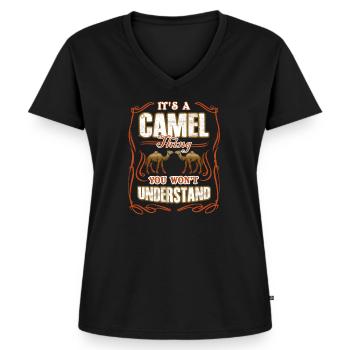 Kamel Es ist eine Kamelsache - Frauen Premium Bio T-Shirt mit V-Ausschnitt - Schwarz - Vorne - AI Model Female 172 light (172cm)
