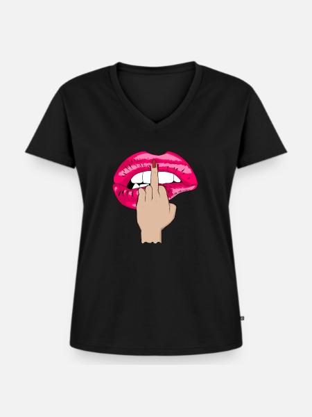 mittelfinger kussmund pink - Frauen Premium Bio T-Shirt mit V-Ausschnitt - Schwarz