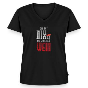 Die Tut Nix Die Will Nur Wein Lustiger Spruch Wine - Frauen Premium Bio T-Shirt mit V-Ausschnitt - Schwarz - Vorne - AI Model Female 172 light (172cm)