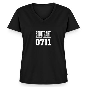Stuttgart 0711 Schrift und Vorwahl mit Pferd - Frauen Premium Bio T-Shirt mit V-Ausschnitt - Schwarz - Vorne - AI Model Female 172 light (172cm)