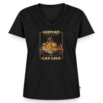 PASTEL GOTH / CAT CULT: Cat Cult Gift - Frauen Premium Bio T-Shirt mit V-Ausschnitt - Schwarz - Vorne - AI Model Female 172 light (172cm)