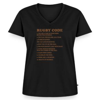 RUGBY CODE TEAM COACH - Frauen Premium Bio T-Shirt mit V-Ausschnitt - Schwarz - Vorne - AI Model Female 172 light (172cm)