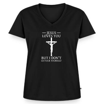 Jesus Loves You But I Dont Go Fuck Yourself - Frauen Premium Bio T-Shirt mit V-Ausschnitt - Schwarz - Vorne - AI Model Female 172 light (172cm)