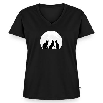 Drei Tabby-Katzen starren auf den Mond - Cute Cat - Frauen Premium Bio T-Shirt mit V-Ausschnitt - Schwarz - Vorne - AI Model Female 172 light (172cm)