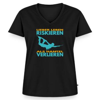 Lieber Leben riskieren, als Hantel verlieren. - Frauen Premium Bio T-Shirt mit V-Ausschnitt - Schwarz - Vorne - AI Model Female 172 light (172cm)