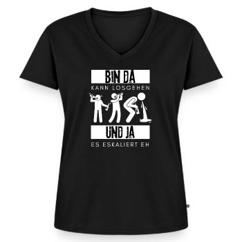 Bin da kann losgehen ja es eskaliert eh Bier - Frauen Premium Bio T-Shirt mit V-Ausschnitt - Schwarz - Vorne - AI Model Female 172 light (172cm)