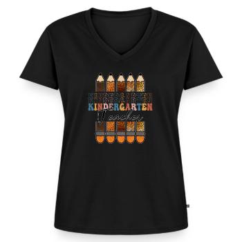 Kindergärtnerin Leopard Pencil Back To School - Frauen Premium Bio T-Shirt mit V-Ausschnitt - Schwarz - Vorne - AI Model Female 172 light (172cm)