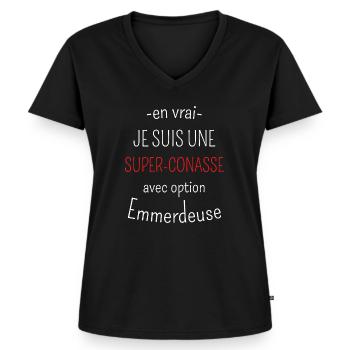 Super-conasse avec option emmerdeuse - T-shirt encolure en V Premium bio Femme - noir - Devant - AI Model Female 172 light (172cm)