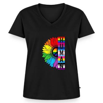 Menschliche Sonnenblume Regenbogen LGBT-Flagge Gay Pride Stolz - Frauen Premium Bio T-Shirt mit V-Ausschnitt - Schwarz - Vorne - AI Model Female 172 light (172cm)