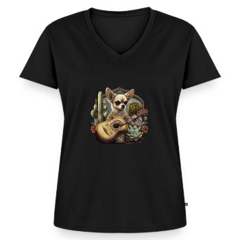 Chihuahua | Aloha Ukulélé Hawaï Guitare Chien - T-shirt encolure en V Premium bio Femme - noir - Devant - AI Model Female 172 light (172cm)
