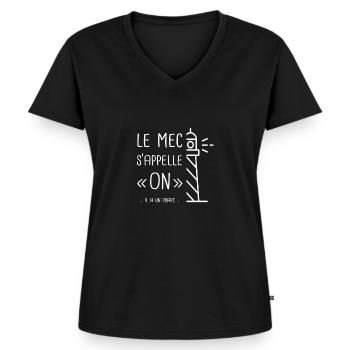 Le mec s'appelle ON... il a un phare... - T-shirt encolure en V Premium bio Femme - noir - Devant - AI Model Female 172 light (172cm)