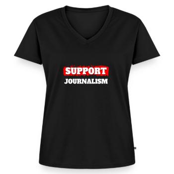 Support Journalism Journalist Shirt Geschenk - Frauen Premium Bio T-Shirt mit V-Ausschnitt - Schwarz - Vorne - AI Model Female 172 light (172cm)