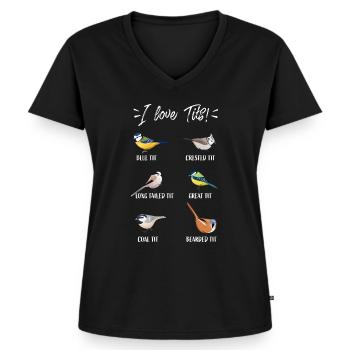 Funny birdwatching gift for birder "I love tits!" - Women's Premium Organic V-neck T-shirt - black - Front - AI Model Female 172 light (172cm)