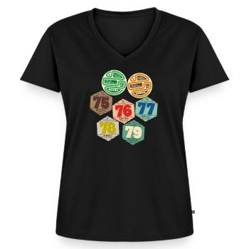 Vignettes automobiles années 70 - T-shirt encolure en V Premium bio Femme - noir - Devant - AI Model Female 172 light (172cm)
