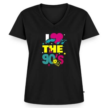 Jaren '90 jaren '90 - Vrouwen Premium Bio T-shirt met V-hals - zwart - Voor - AI Model Female 172 light (172cm)