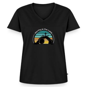 Würdig ist das Lamm - Frauen Premium Bio T-Shirt mit V-Ausschnitt - Schwarz - Vorne - AI Model Female 172 light (172cm)