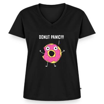 Donut-Donut-Panik Keine Panik Lustige Donuts - Frauen Premium Bio T-Shirt mit V-Ausschnitt - Schwarz - Vorne - AI Model Female 172 light (172cm)