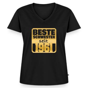 1961 - Women's Premium Organic V-neck T-shirt - black - Front - AI Model Female 172 light (172cm)