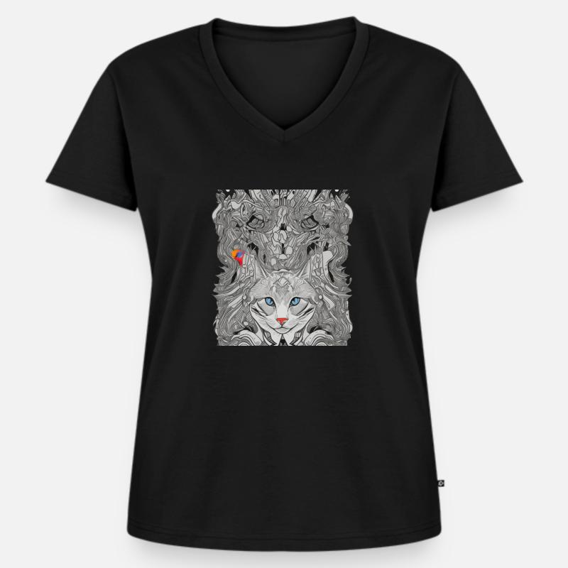 Katze mit Vogel psychedelisch - Frauen Premium Bio T-Shirt mit V-Ausschnitt - Schwarz