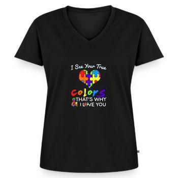 Autism I See Your True Colors-Autismus Shirt - Frauen Premium Bio T-Shirt mit V-Ausschnitt - Schwarz - Vorne - AI Model Female 172 light (172cm)