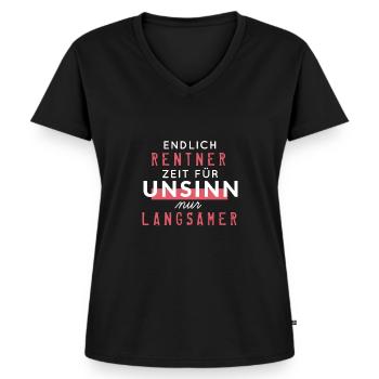Endlich Rentner | Ruhestand Rente Spruch - Frauen Premium Bio T-Shirt mit V-Ausschnitt - Schwarz - Vorne - AI Model Female 172 light (172cm)
