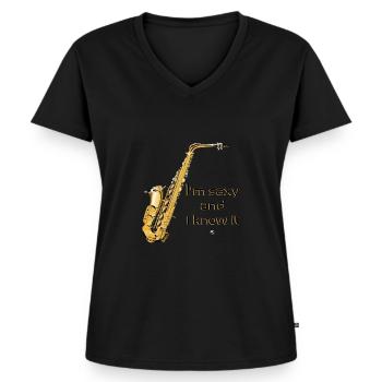 Saxophone Abbildung mit Inschrift - Frauen Premium Bio T-Shirt mit V-Ausschnitt - Schwarz - Vorne - AI Model Female 172 light (172cm)