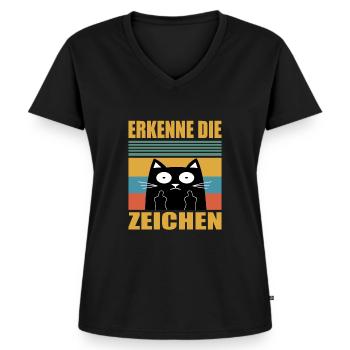 ERKENNE DIE ZEICHEN Mittelfinger Katzen Geschenk - Frauen Premium Bio T-Shirt mit V-Ausschnitt - Schwarz - Vorne - AI Model Female 172 light (172cm)