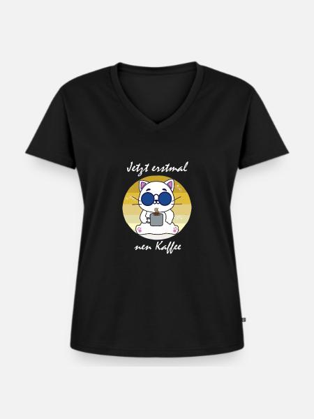 Kaffee Katze - Frauen Premium Bio T-Shirt mit V-Ausschnitt - Schwarz