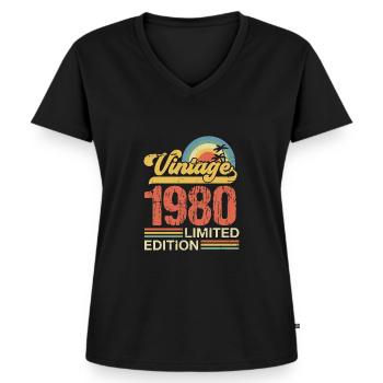1980 - Vrouwen Premium Bio T-shirt met V-hals - zwart - Voor - AI Model Female 172 light (172cm)