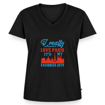 J’AIME VRAIMENT PARIS C’EST MA VILLE PRÉFÉRÉE - T-shirt encolure en V Premium bio Femme - noir - Devant - AI Model Female 172 light (172cm)