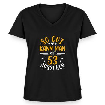 53. Geburtstag Frau Mann, 53 Jahre alt Geburtstag - Frauen Premium Bio T-Shirt mit V-Ausschnitt - Schwarz - Vorne - AI Model Female 172 light (172cm)