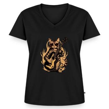 Metal Cat Spielt Akustikgitarre Rock Niedlich - Frauen Premium Bio T-Shirt mit V-Ausschnitt - Schwarz - Vorne - AI Model Female 172 light (172cm)