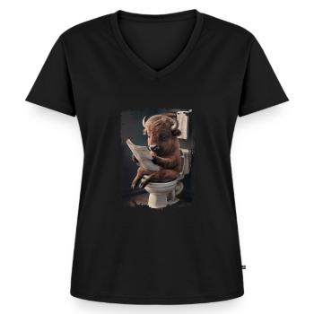 Bison-Toilette Geschenk - Frauen Premium Bio T-Shirt mit V-Ausschnitt - Schwarz - Vorne - AI Model Female 172 light (172cm)