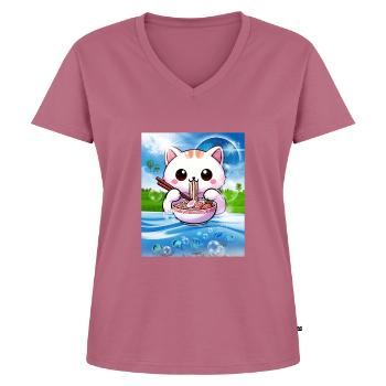 Frutiger Aero Aesthetic Tech Kawaii Ramen Katzenfi - T-shirt encolure en V Premium bio Femme - mauve - Devant - AI Model Female 172 dark (172cm)