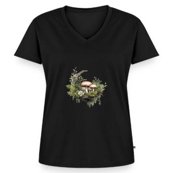 Champignons forestiers et mousse à la rose - T-shirt encolure en V Premium bio Femme - noir - Devant - AI Model Female 172 light (172cm)