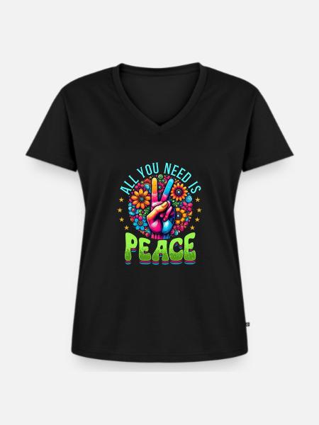 Frieden & Peace Zeichen, Blumen - Frauen Premium Bio T-Shirt mit V-Ausschnitt - Schwarz