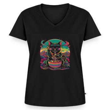 Maneki Neko Chat Japonais Happy Ramen Nu - T-shirt encolure en V Premium bio Femme - noir - Devant - AI Model Female 172 light (172cm)