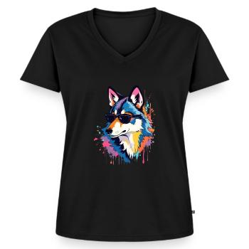 Wolf Kunst Kunstwerk Pop Art Wolfs - Frauen Premium Bio T-Shirt mit V-Ausschnitt - Schwarz - Vorne - AI Model Female 172 light (172cm)