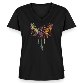 Native American Kokopelli - Dreamcatcher Wolf 1 - Frauen Premium Bio T-Shirt mit V-Ausschnitt - Schwarz - Vorne - AI Model Female 172 light (172cm)