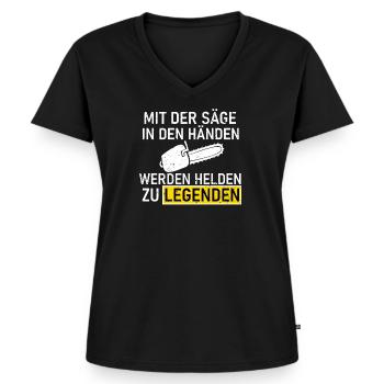 Mit Säge In Händen Helden Kettensäge Förster - Frauen Premium Bio T-Shirt mit V-Ausschnitt - Schwarz - Vorne - AI Model Female 172 light (172cm)