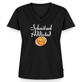 Schnitzel Addicted - Frauen Premium Bio T-Shirt mit V-Ausschnitt - Schwarz - Vorne - AI Model Female 172 light (172cm)