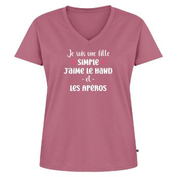 Fille simple j'aime le hand et les apéros - T-shirt encolure en V Premium bio Femme - mauve - Devant - AI Model Female 172 dark (172cm)