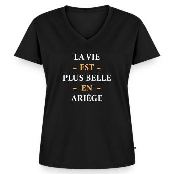 La vie est plus belle en Ariège - T-shirt encolure en V Premium bio Femme - noir - Devant - AI Model Female 172 light (172cm)
